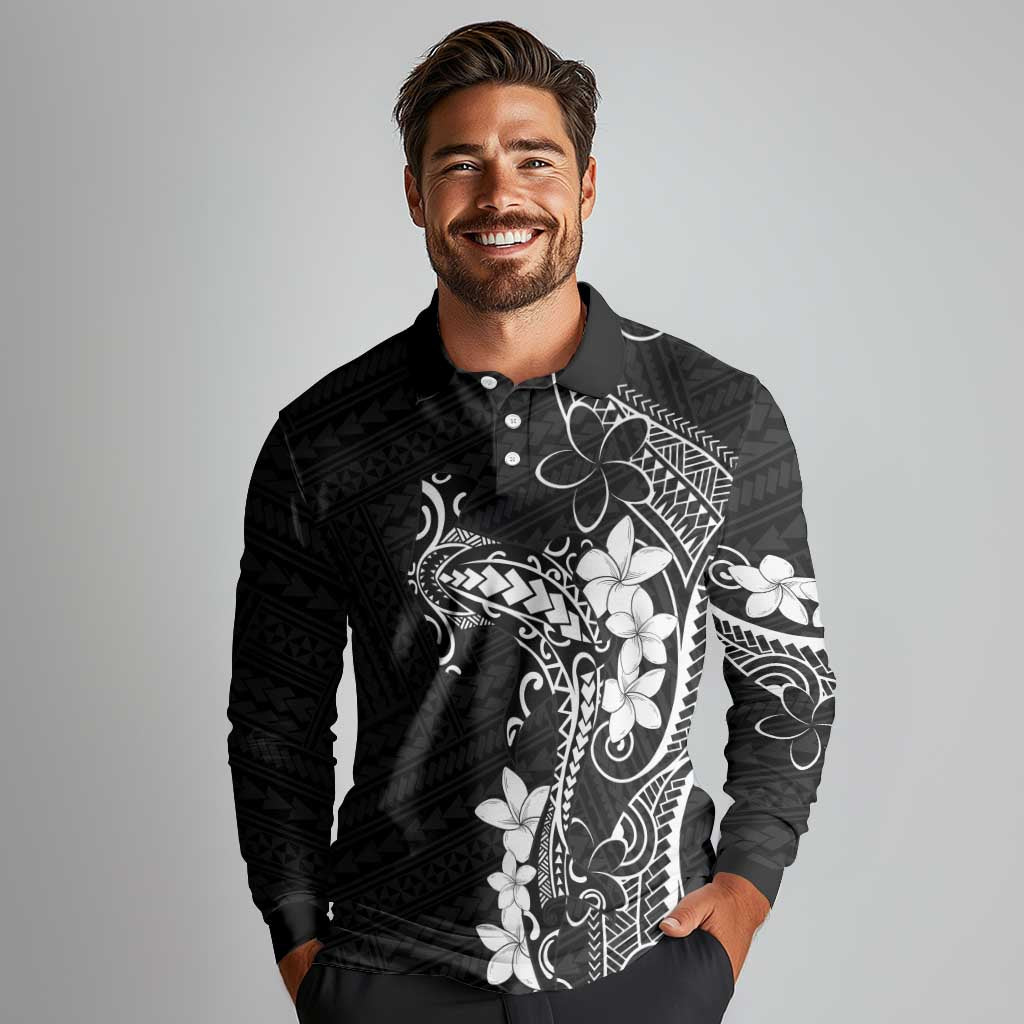 Black Hawaii Long Sleeve Polo Shirt Hammerhead Shark Tattoo Curve Polynesian - Polynesian Pride
