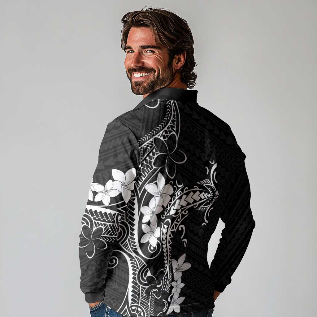 Black Hawaii Long Sleeve Polo Shirt Hammerhead Shark Tattoo Curve Polynesian - Polynesian Pride