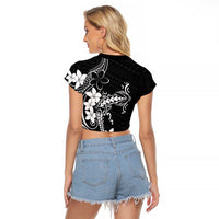 Black Hawaii Raglan Cropped T Shirt Hammerhead Shark Tattoo Curve Polynesian - Polynesian Pride