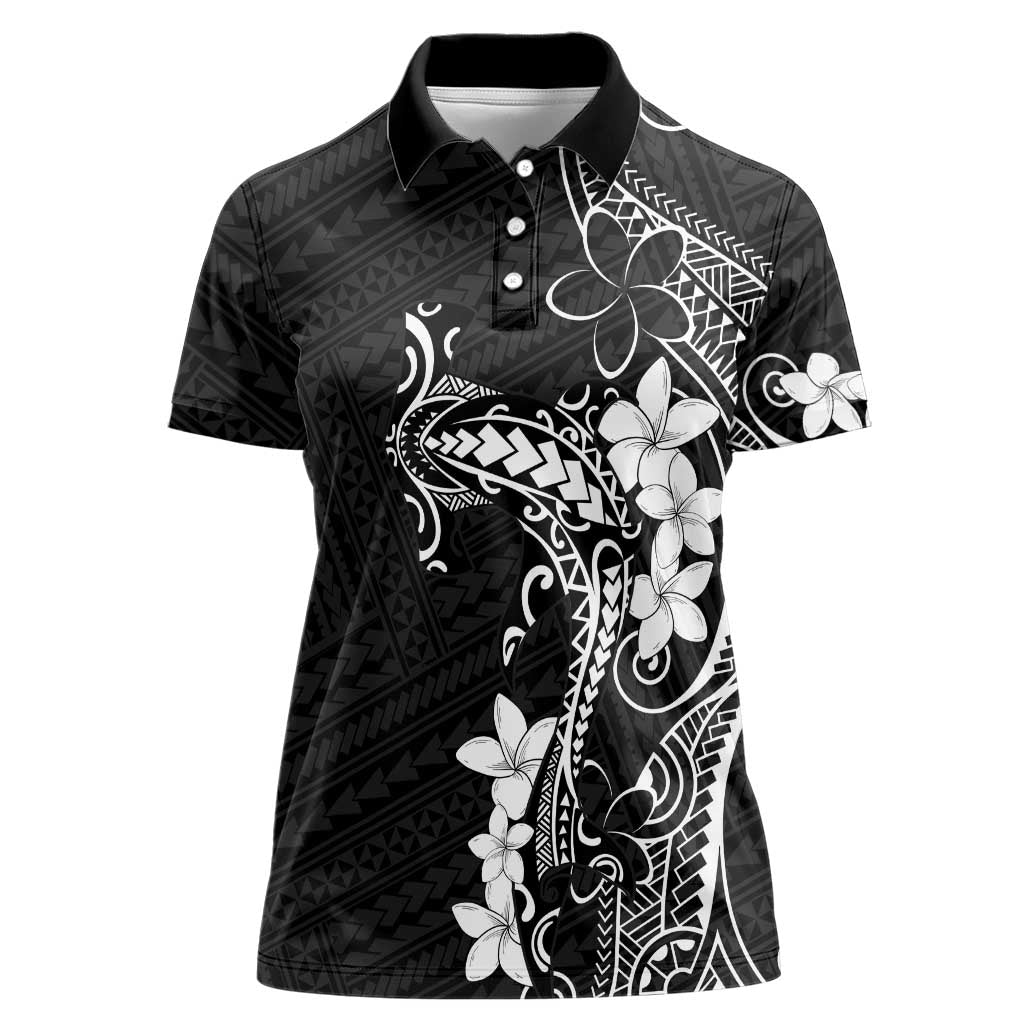 Black Hawaii Women Polo Shirt Hammerhead Shark Tattoo Curve Polynesian - Polynesian Pride