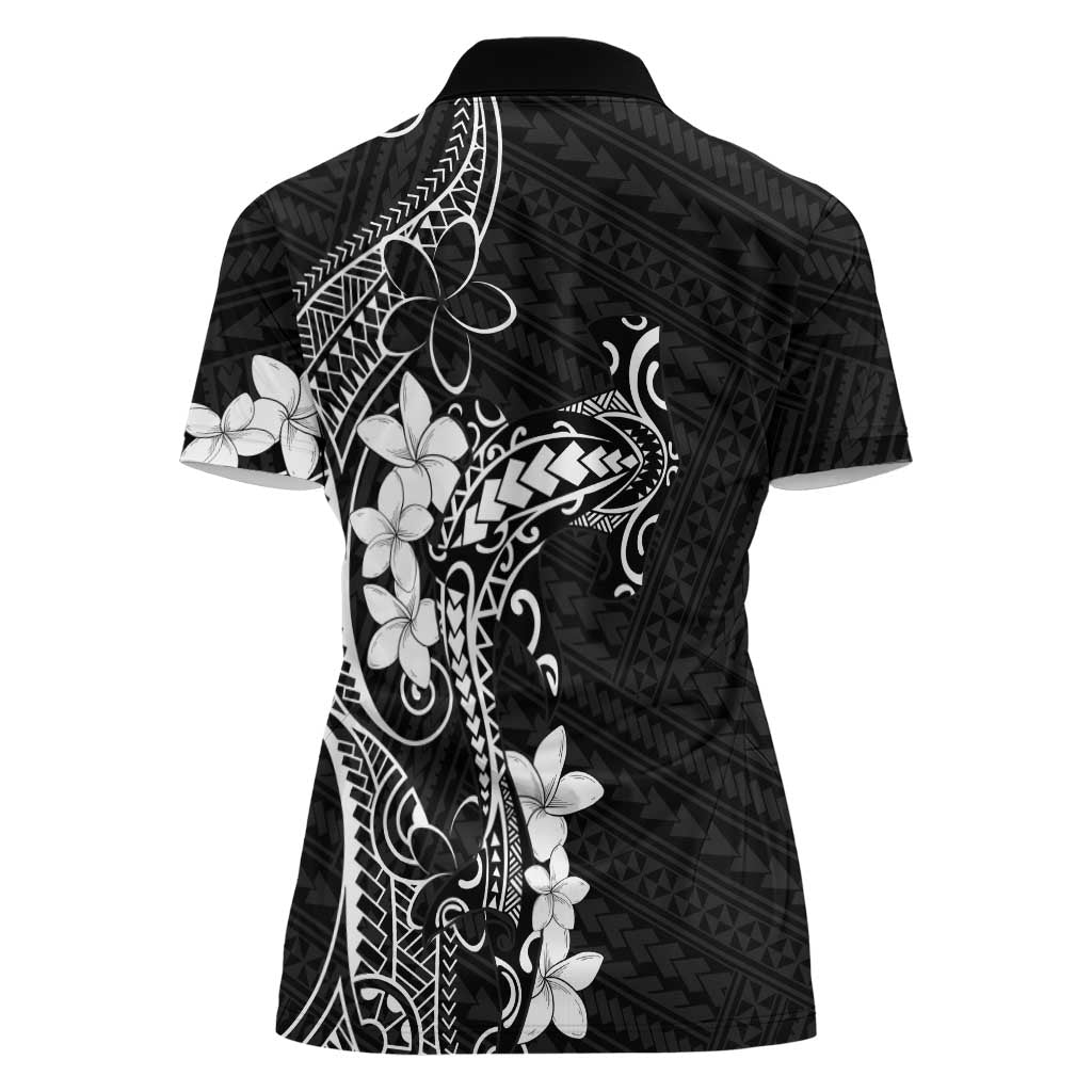 Black Hawaii Women Polo Shirt Hammerhead Shark Tattoo Curve Polynesian - Polynesian Pride