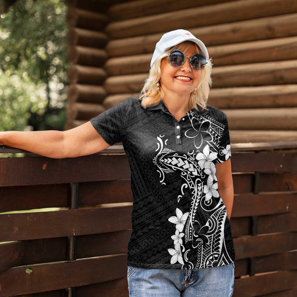 Black Hawaii Women Polo Shirt Hammerhead Shark Tattoo Curve Polynesian - Polynesian Pride