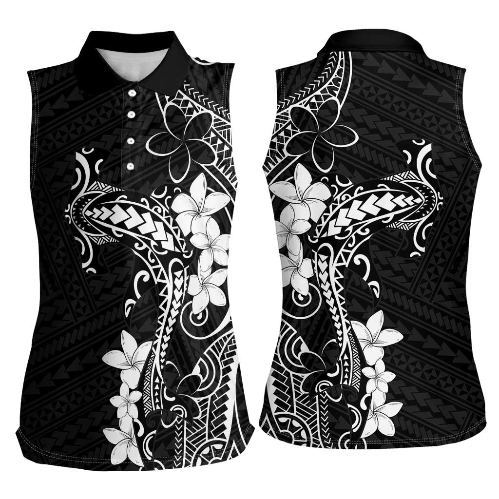 Black Hawaii Women Sleeveless Polo Shirt Hammerhead Shark Tattoo Curve Polynesian - Polynesian Pride