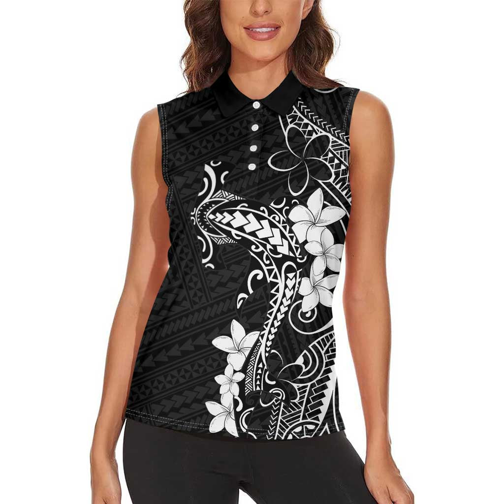 Black Hawaii Women Sleeveless Polo Shirt Hammerhead Shark Tattoo Curve Polynesian - Polynesian Pride