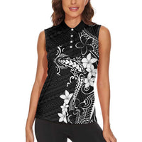 Black Hawaii Women Sleeveless Polo Shirt Hammerhead Shark Tattoo Curve Polynesian - Polynesian Pride