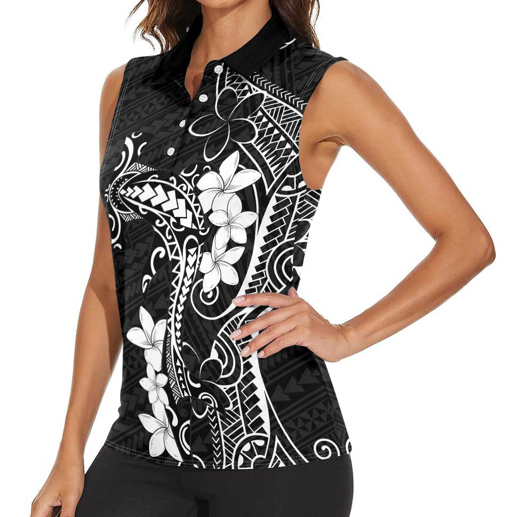 Black Hawaii Women Sleeveless Polo Shirt Hammerhead Shark Tattoo Curve Polynesian - Polynesian Pride