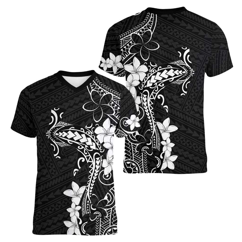 Black Hawaii Women V-Neck T-Shirt Hammerhead Shark Tattoo Curve Polynesian - Polynesian Pride