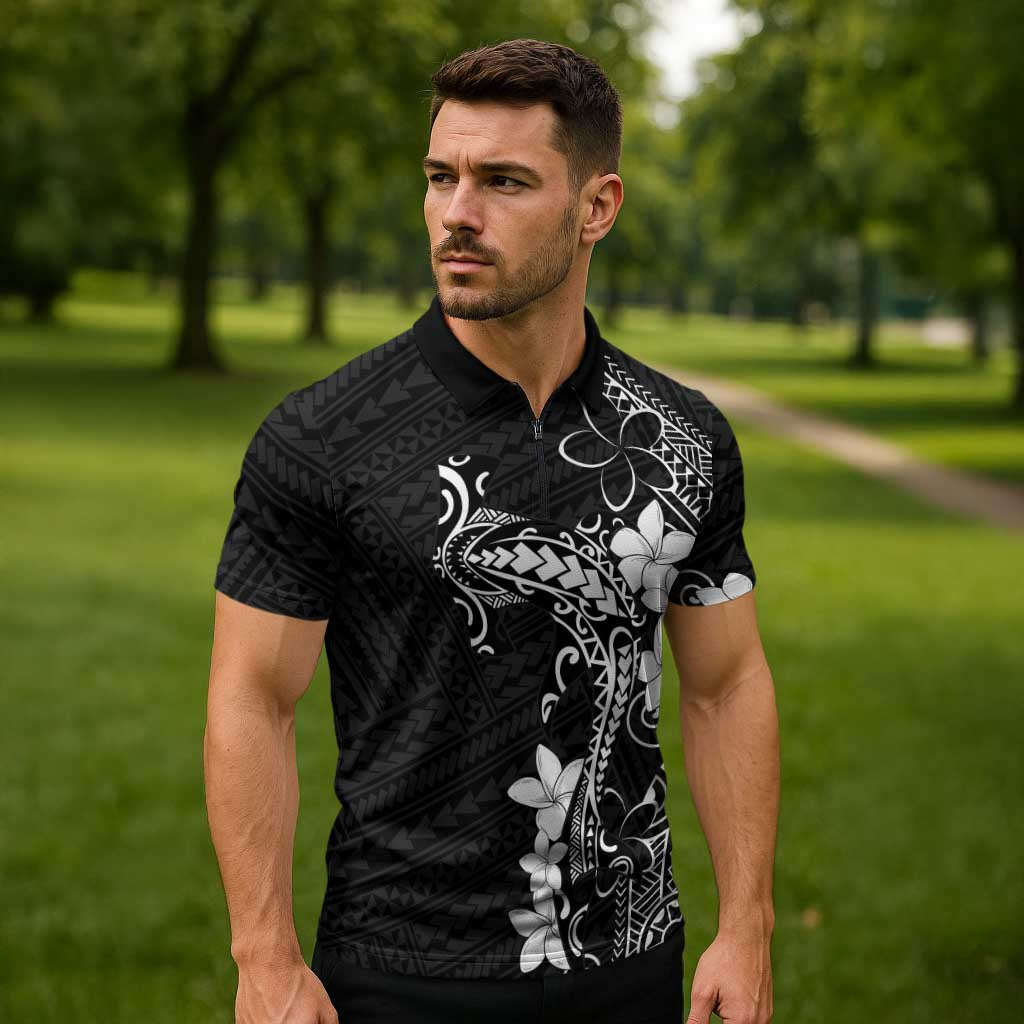 Black Hawaii Zipper Polo Shirt Hammerhead Shark Tattoo Curve Polynesian - Polynesian Pride