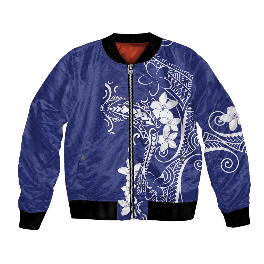Blue Hawaii Bomber Jacket Hammerhead Shark Tattoo Curve Polynesian - Polynesian Pride