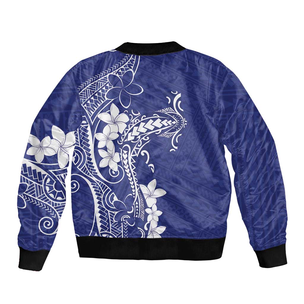 Blue Hawaii Bomber Jacket Hammerhead Shark Tattoo Curve Polynesian - Polynesian Pride