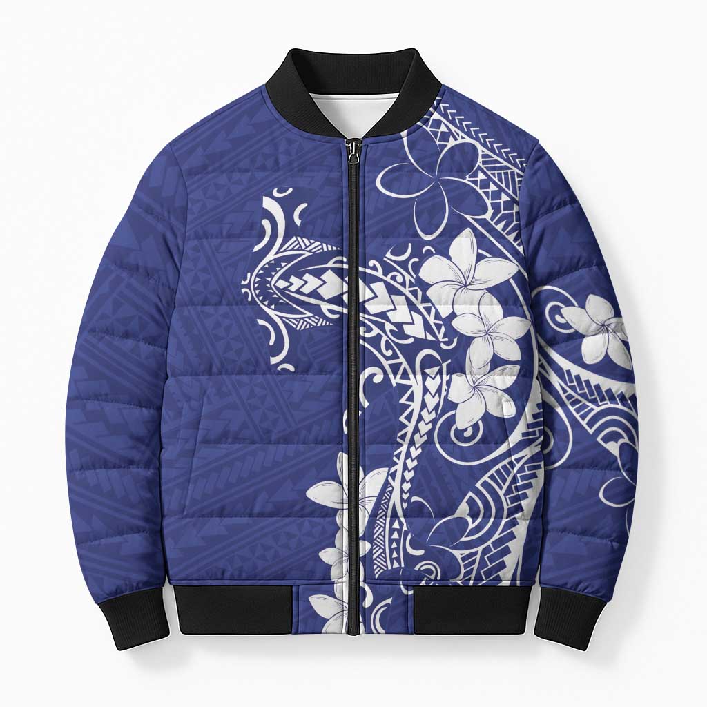 Blue Hawaii Bomber Puffer Jacket Hammerhead Shark Tattoo Curve Polynesian - Polynesian Pride