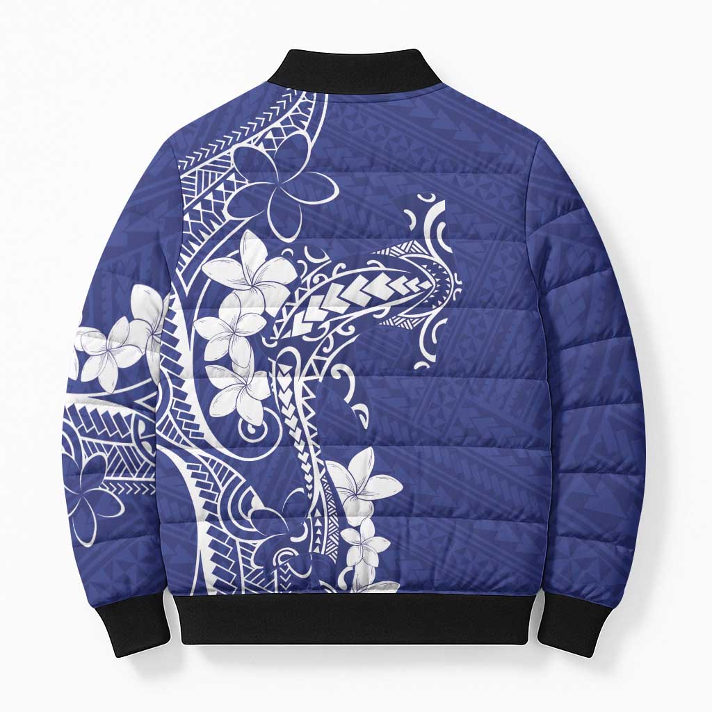 Blue Hawaii Bomber Puffer Jacket Hammerhead Shark Tattoo Curve Polynesian - Polynesian Pride
