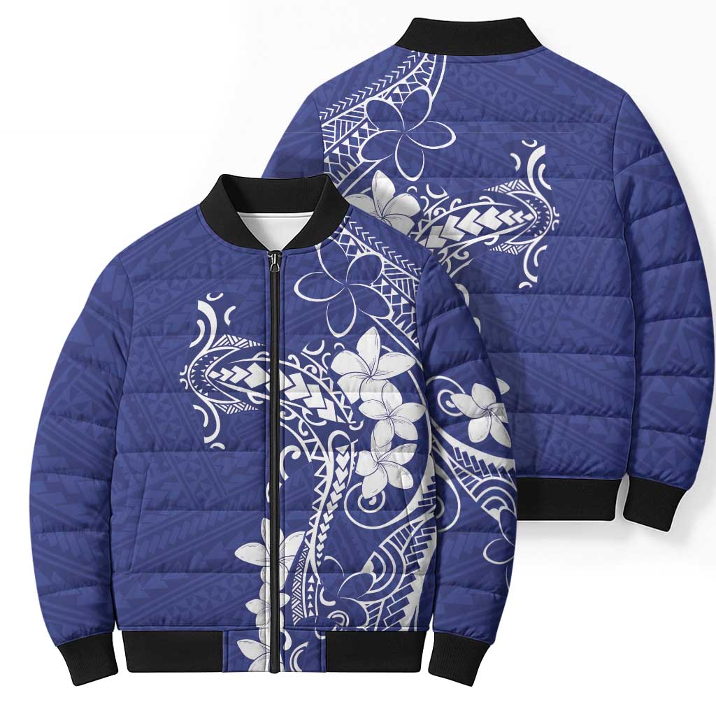Blue Hawaii Bomber Puffer Jacket Hammerhead Shark Tattoo Curve Polynesian - Polynesian Pride