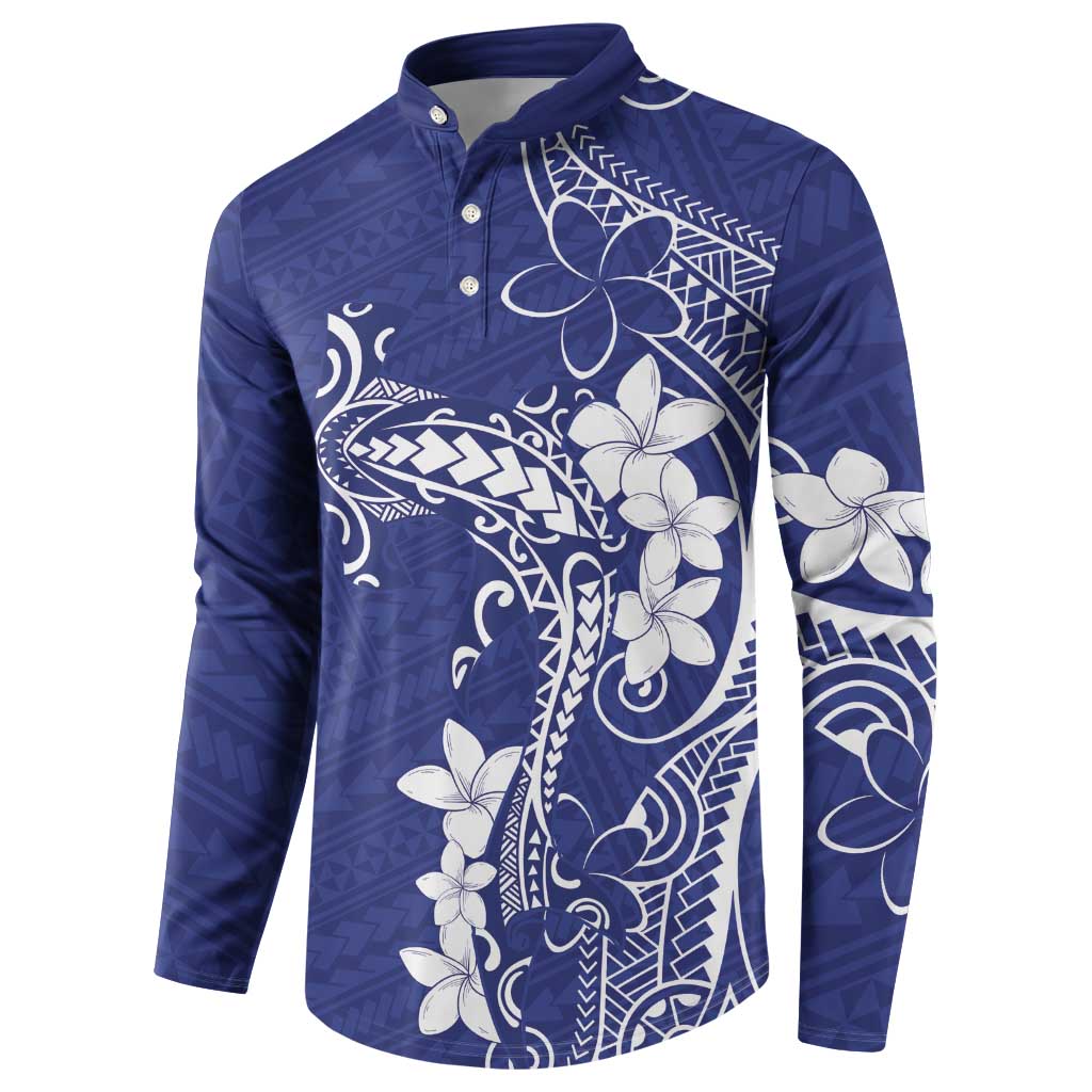 Blue Hawaii Button Sweatshirt Hammerhead Shark Tattoo Curve Polynesian - Polynesian Pride