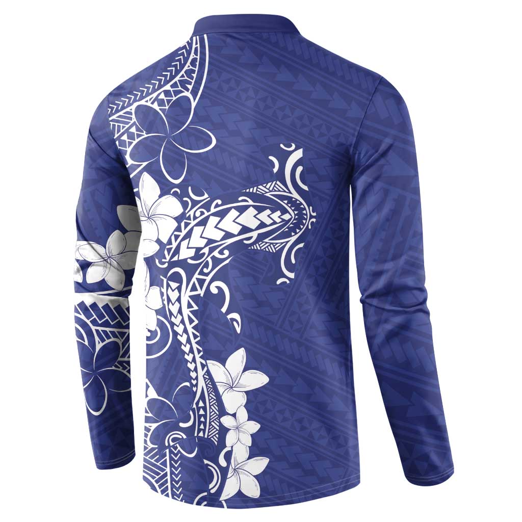 Blue Hawaii Button Sweatshirt Hammerhead Shark Tattoo Curve Polynesian - Polynesian Pride