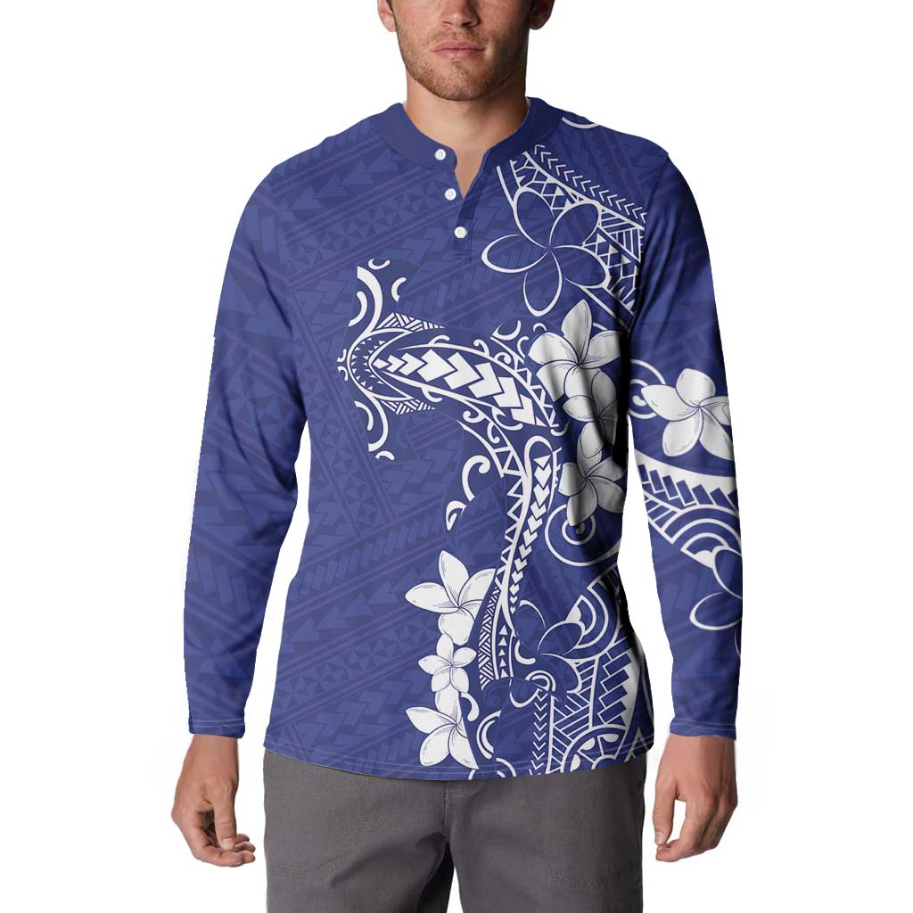 Blue Hawaii Button Sweatshirt Hammerhead Shark Tattoo Curve Polynesian - Polynesian Pride