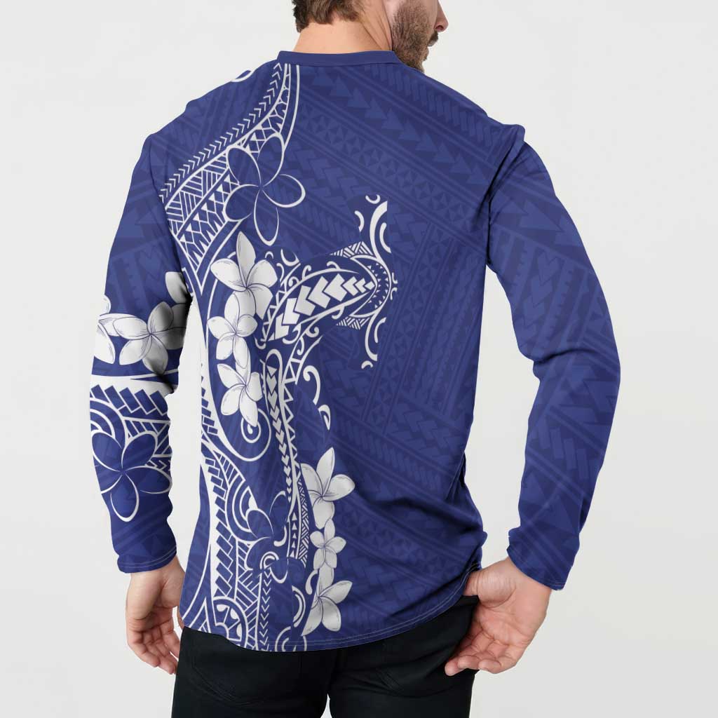 Blue Hawaii Button Sweatshirt Hammerhead Shark Tattoo Curve Polynesian - Polynesian Pride