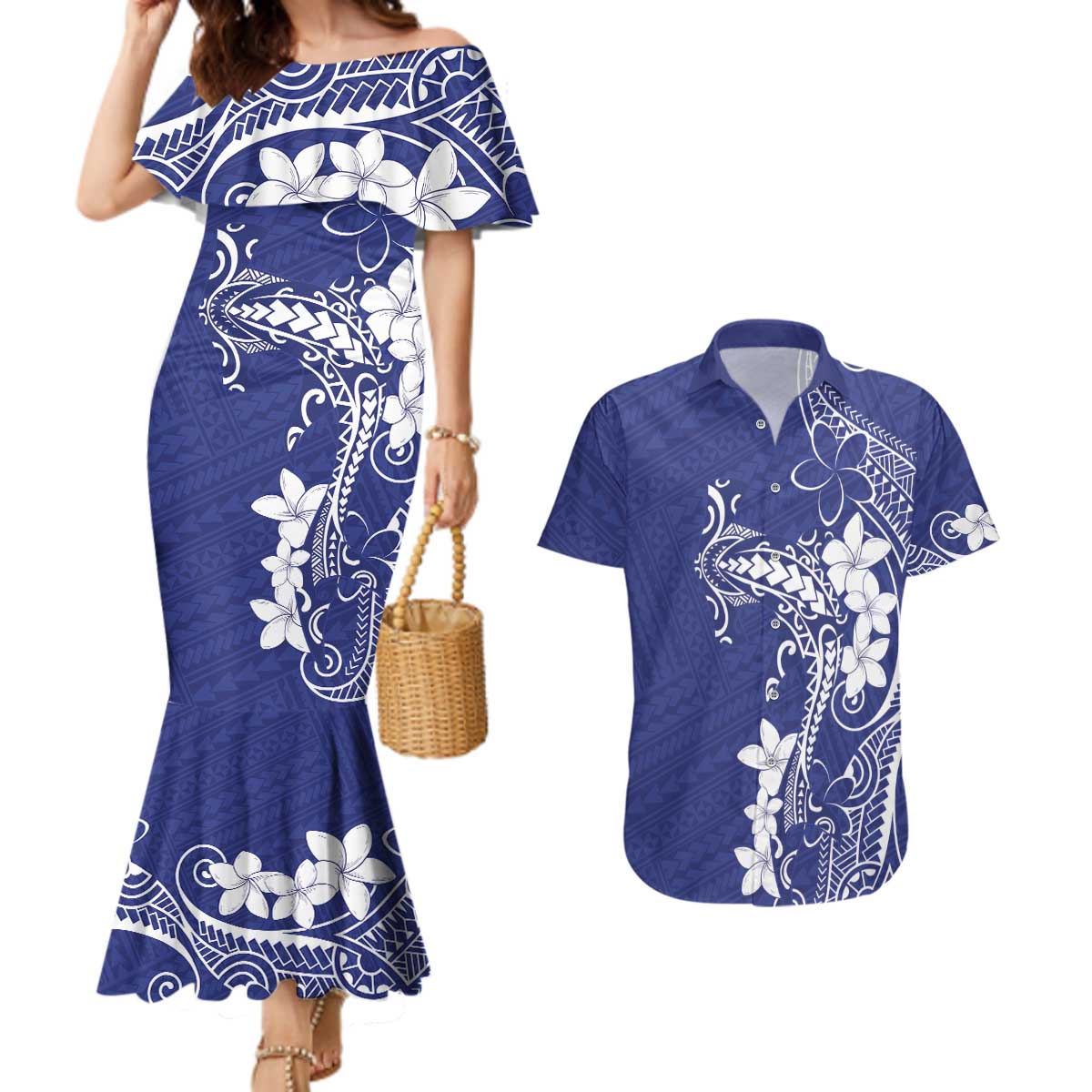 Blue Hawaii Couples Matching Mermaid Dress and Hawaiian Shirt Hammerhead Shark Tattoo Curve Polynesian - Polynesian Pride