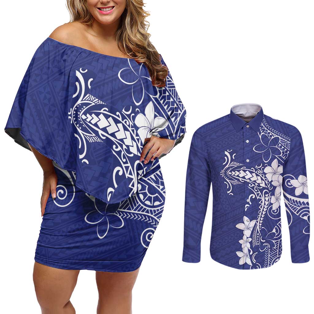 Blue Hawaii Couples Matching Off Shoulder Short Dress and Long Sleeve Button Shirt Hammerhead Shark Tattoo Curve Polynesian - Polynesian Pride