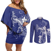 Blue Hawaii Couples Matching Off Shoulder Short Dress and Long Sleeve Button Shirt Hammerhead Shark Tattoo Curve Polynesian - Polynesian Pride