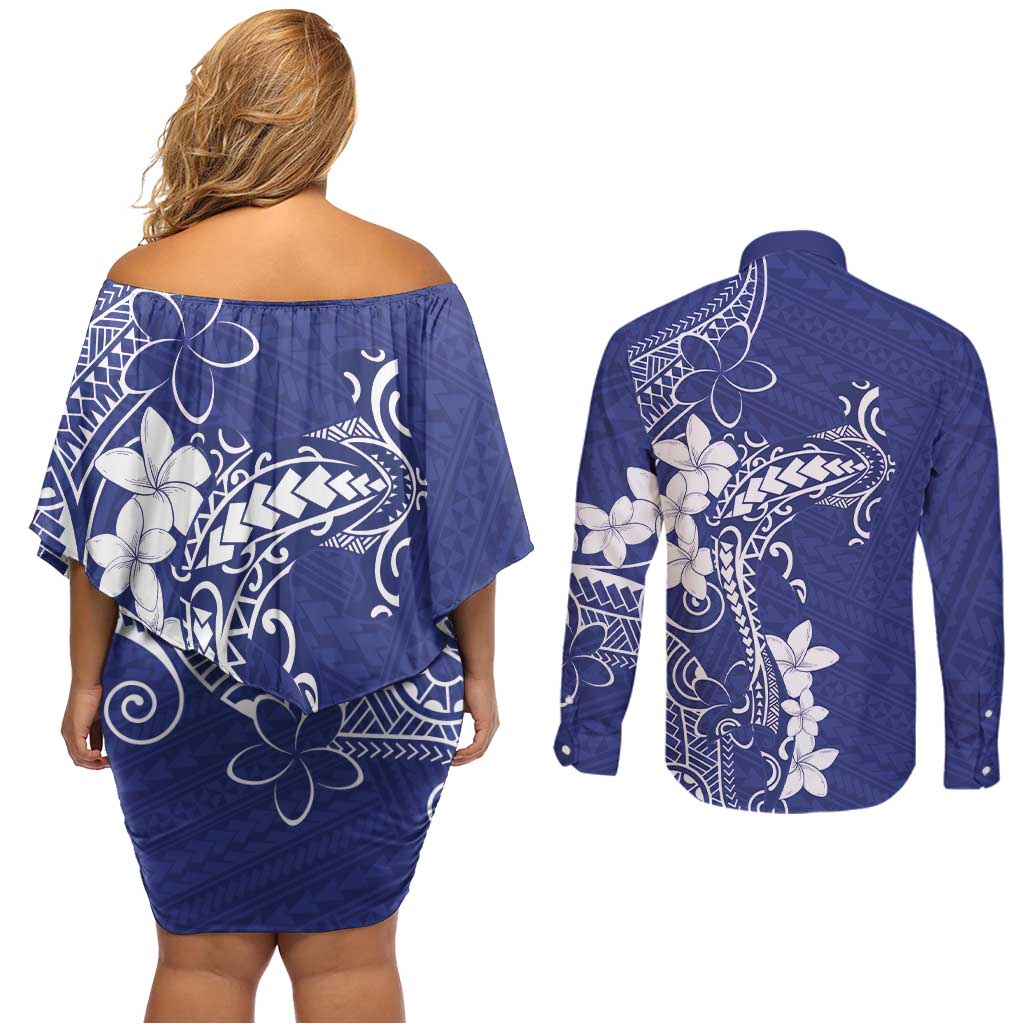 Blue Hawaii Couples Matching Off Shoulder Short Dress and Long Sleeve Button Shirt Hammerhead Shark Tattoo Curve Polynesian - Polynesian Pride