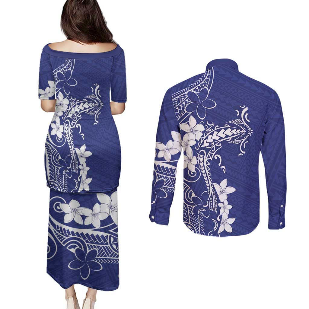 Blue Hawaii Couples Matching Puletasi and Long Sleeve Button Shirt Hammerhead Shark Tattoo Curve Polynesian - Polynesian Pride