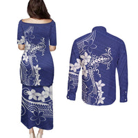 Blue Hawaii Couples Matching Puletasi and Long Sleeve Button Shirt Hammerhead Shark Tattoo Curve Polynesian - Polynesian Pride
