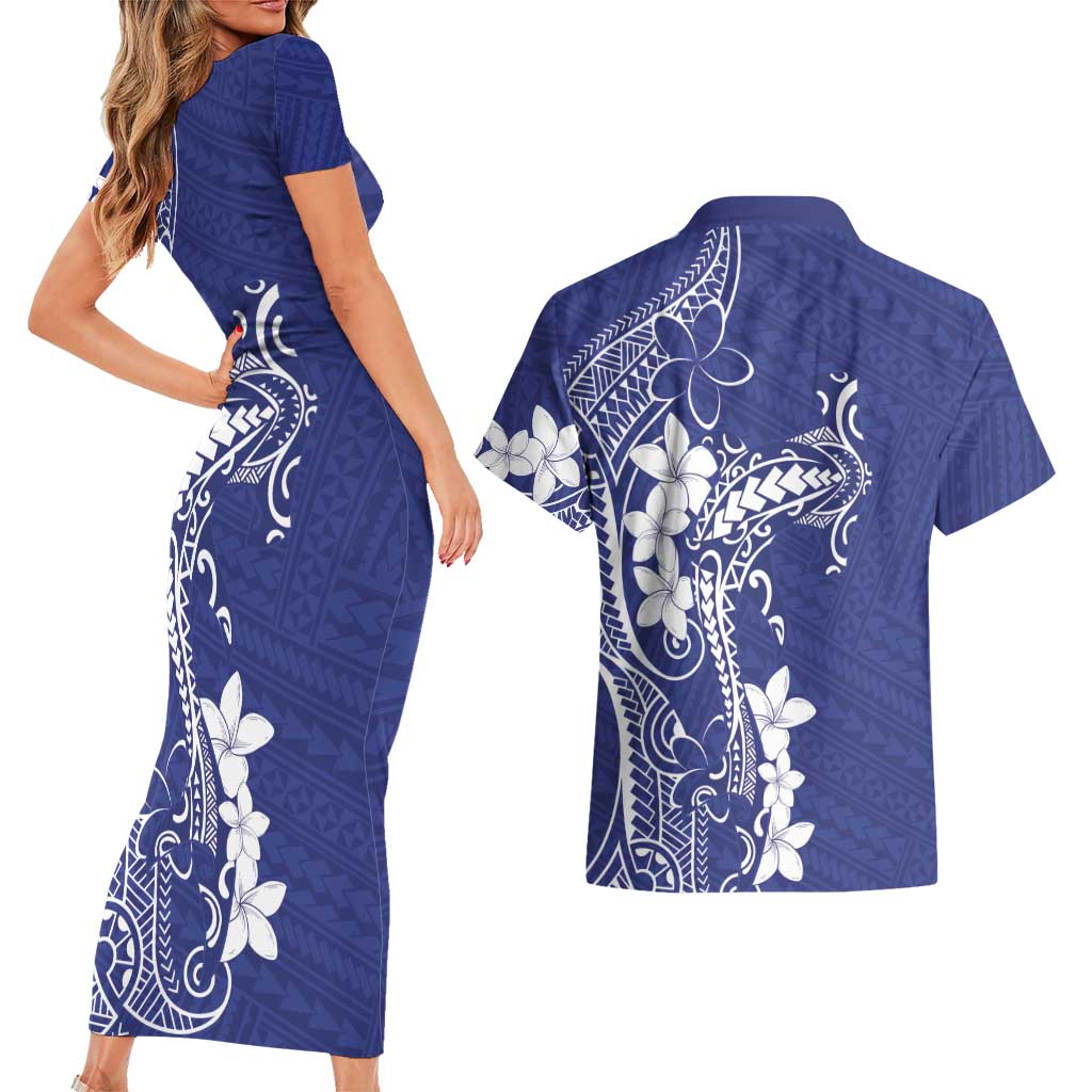 Blue Hawaii Couples Matching Short Sleeve Bodycon Dress and Hawaiian Shirt Hammerhead Shark Tattoo Curve Polynesian - Polynesian Pride