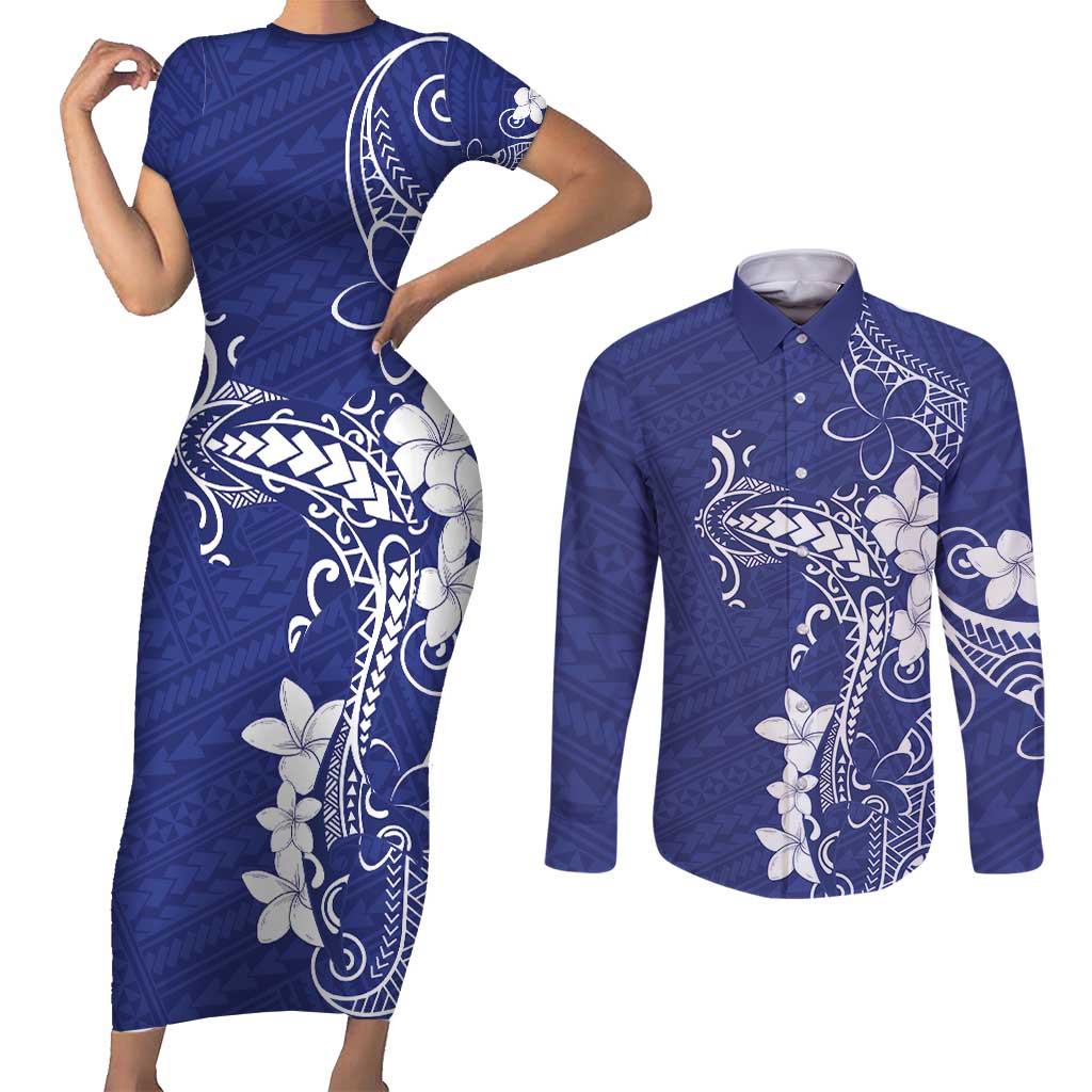 Blue Hawaii Couples Matching Short Sleeve Bodycon Dress and Long Sleeve Button Shirt Hammerhead Shark Tattoo Curve Polynesian - Polynesian Pride