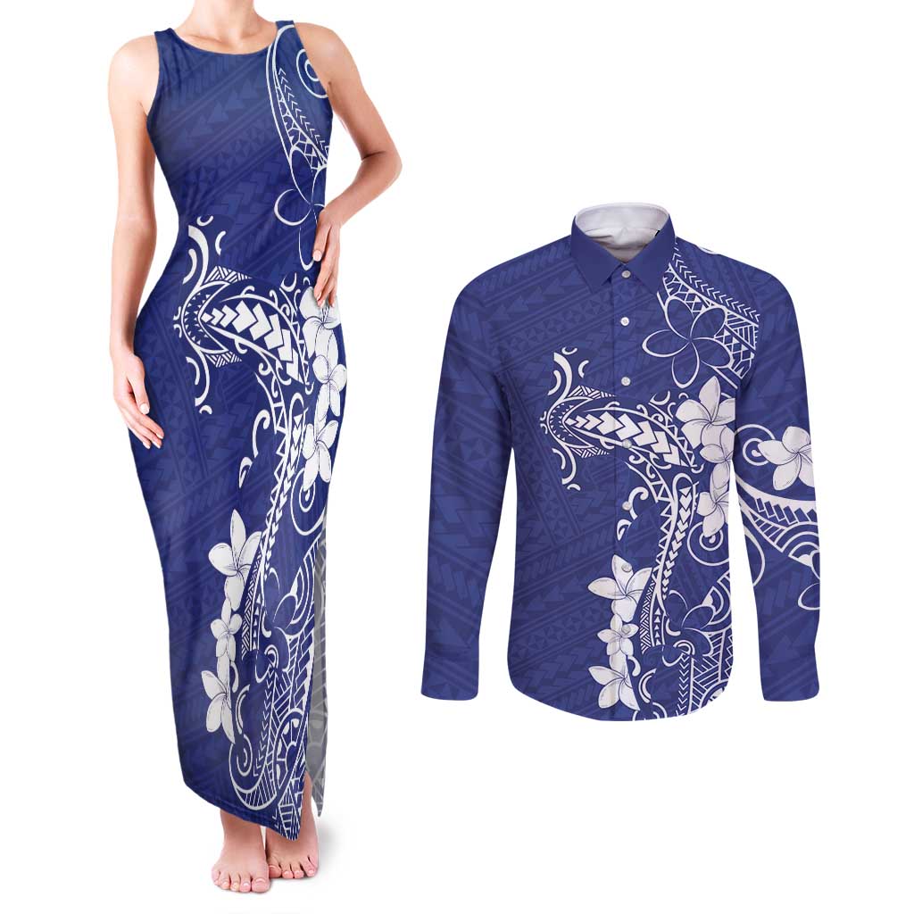 Blue Hawaii Couples Matching Tank Maxi Dress and Long Sleeve Button Shirt Hammerhead Shark Tattoo Curve Polynesian - Polynesian Pride
