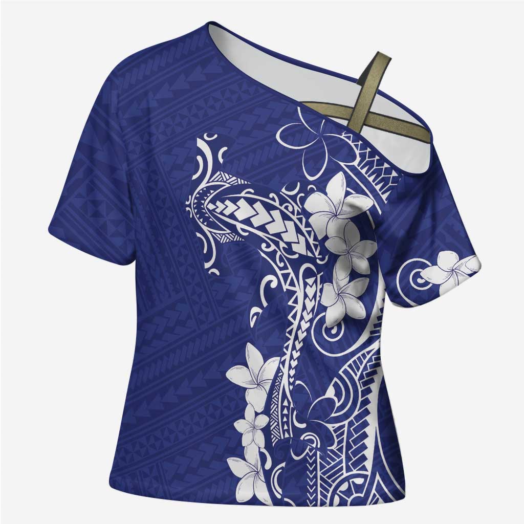 Blue Hawaii Cross Shoulder Shirt Hammerhead Shark Tattoo Curve Polynesian - Polynesian Pride