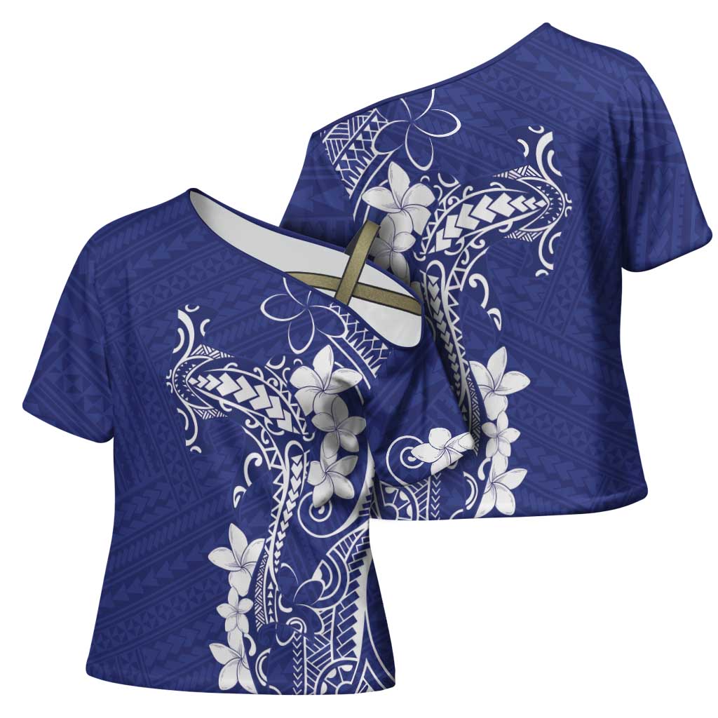 Blue Hawaii Cross Shoulder Shirt Hammerhead Shark Tattoo Curve Polynesian - Polynesian Pride