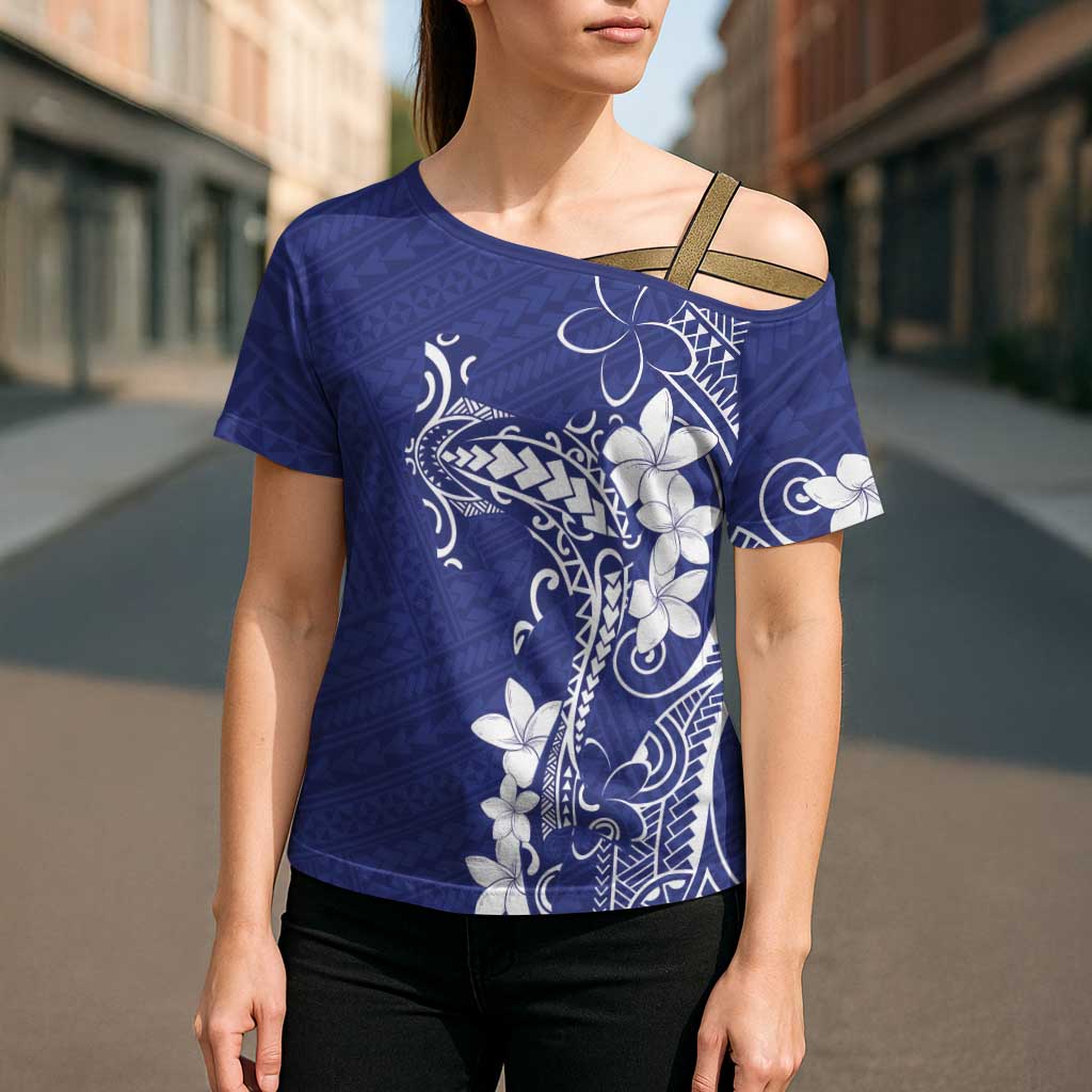 Blue Hawaii Cross Shoulder Shirt Hammerhead Shark Tattoo Curve Polynesian - Polynesian Pride