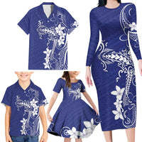Blue Hawaii Family Matching Long Sleeve Bodycon Dress and Hawaiian Shirt Hammerhead Shark Tattoo Curve Polynesian - Polynesian Pride