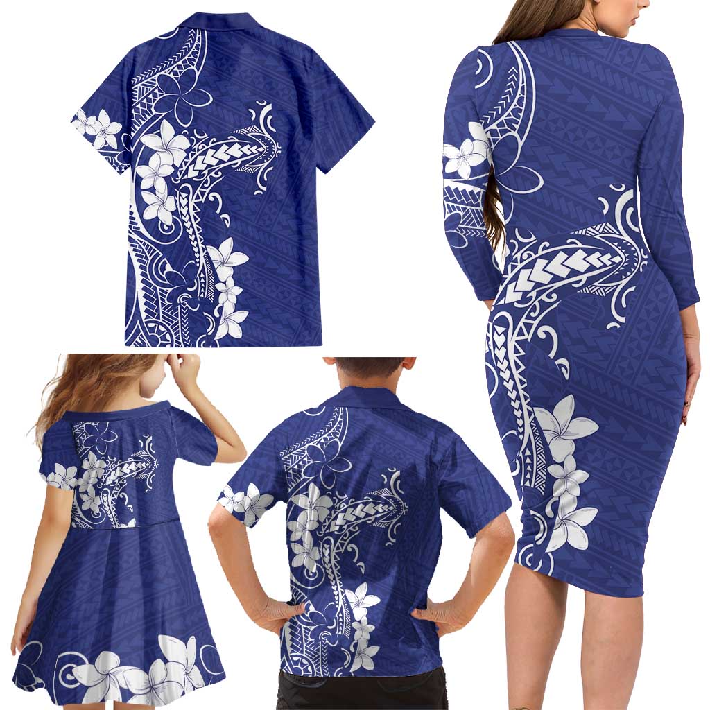 Blue Hawaii Family Matching Long Sleeve Bodycon Dress and Hawaiian Shirt Hammerhead Shark Tattoo Curve Polynesian - Polynesian Pride