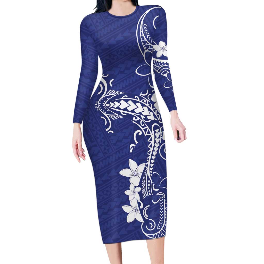 Blue Hawaii Family Matching Long Sleeve Bodycon Dress and Hawaiian Shirt Hammerhead Shark Tattoo Curve Polynesian - Polynesian Pride