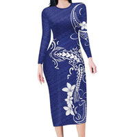 Blue Hawaii Family Matching Long Sleeve Bodycon Dress and Hawaiian Shirt Hammerhead Shark Tattoo Curve Polynesian - Polynesian Pride