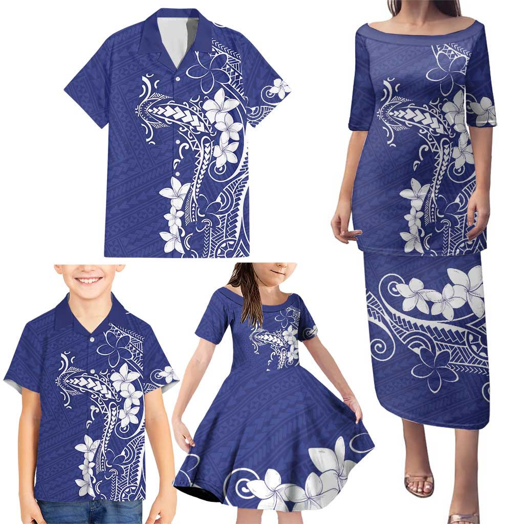 Blue Hawaii Family Matching Puletasi and Hawaiian Shirt Hammerhead Shark Tattoo Curve Polynesian - Polynesian Pride