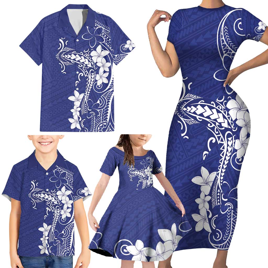 Blue Hawaii Family Matching Short Sleeve Bodycon Dress and Hawaiian Shirt Hammerhead Shark Tattoo Curve Polynesian - Polynesian Pride