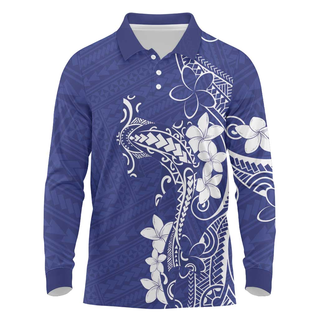 Blue Hawaii Long Sleeve Polo Shirt Hammerhead Shark Tattoo Curve Polynesian - Polynesian Pride