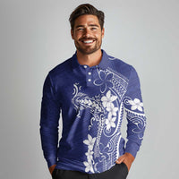 Blue Hawaii Long Sleeve Polo Shirt Hammerhead Shark Tattoo Curve Polynesian - Polynesian Pride