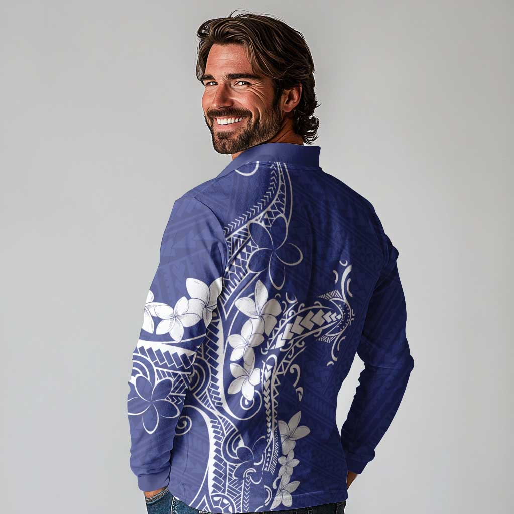 Blue Hawaii Long Sleeve Polo Shirt Hammerhead Shark Tattoo Curve Polynesian - Polynesian Pride