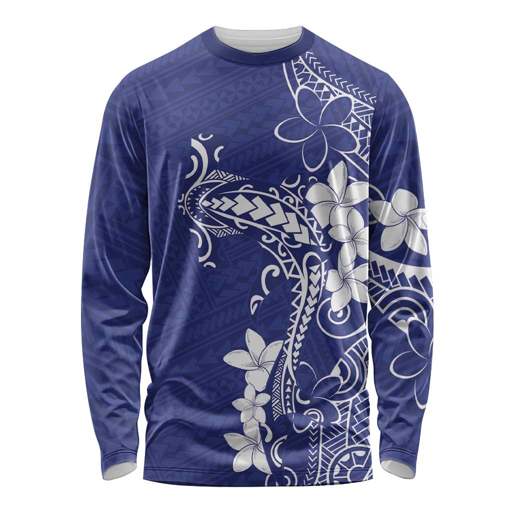 Blue Hawaii Long Sleeve Shirt Hammerhead Shark Tattoo Curve Polynesian - Polynesian Pride