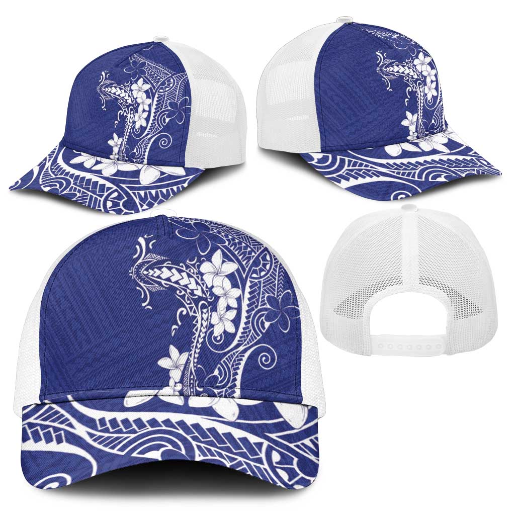 Blue Hawaii Mesh Trucker Cap Hammerhead Shark Tattoo Curve Polynesian - Polynesian Pride