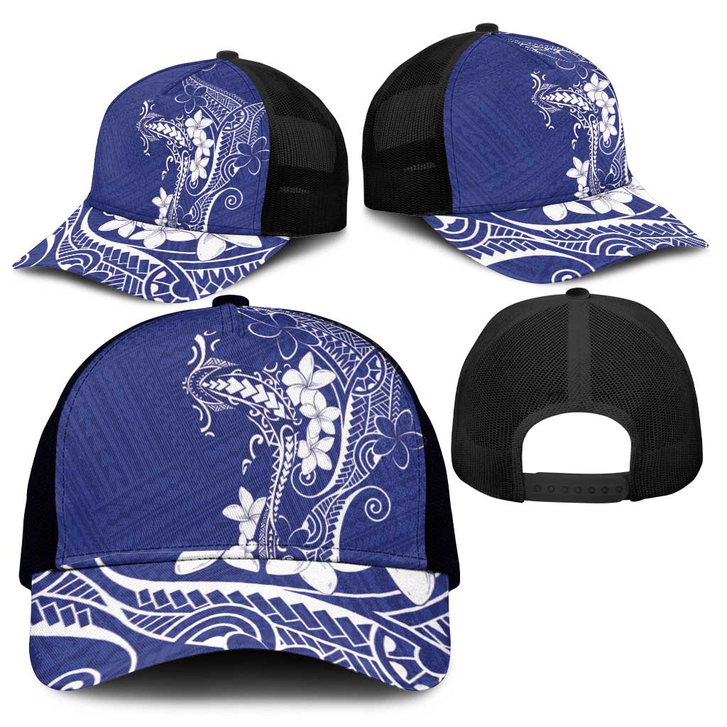 Blue Hawaii Mesh Trucker Cap Hammerhead Shark Tattoo Curve Polynesian - Polynesian Pride