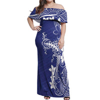 Blue Hawaii Off Shoulder Maxi Dress Hammerhead Shark Tattoo Curve Polynesian - Polynesian Pride