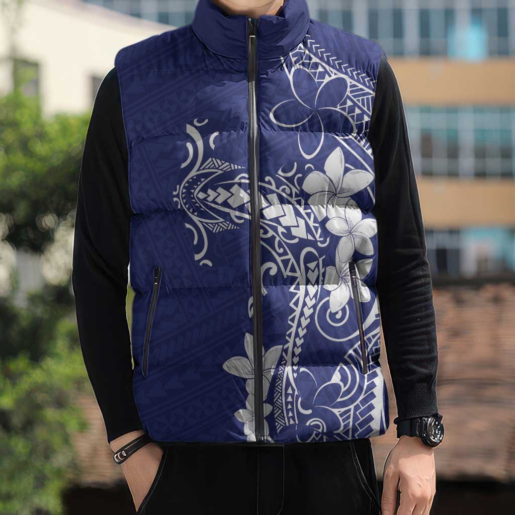 Blue Hawaii Sleeveless Puffer Jacket Hammerhead Shark Tattoo Curve Polynesian - Polynesian Pride