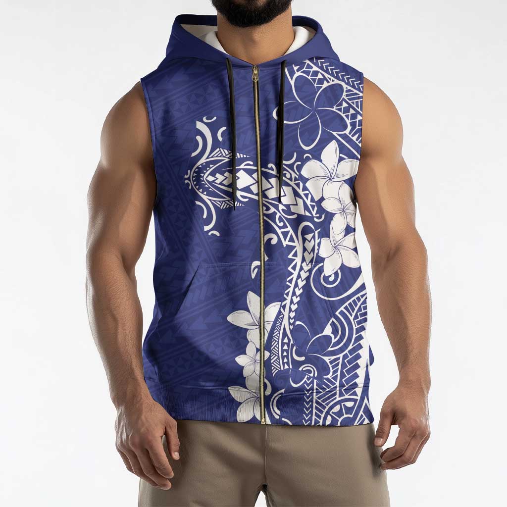 Blue Hawaii Sleeveless Zip Hoodie Hammerhead Shark Tattoo Curve Polynesian - Polynesian Pride