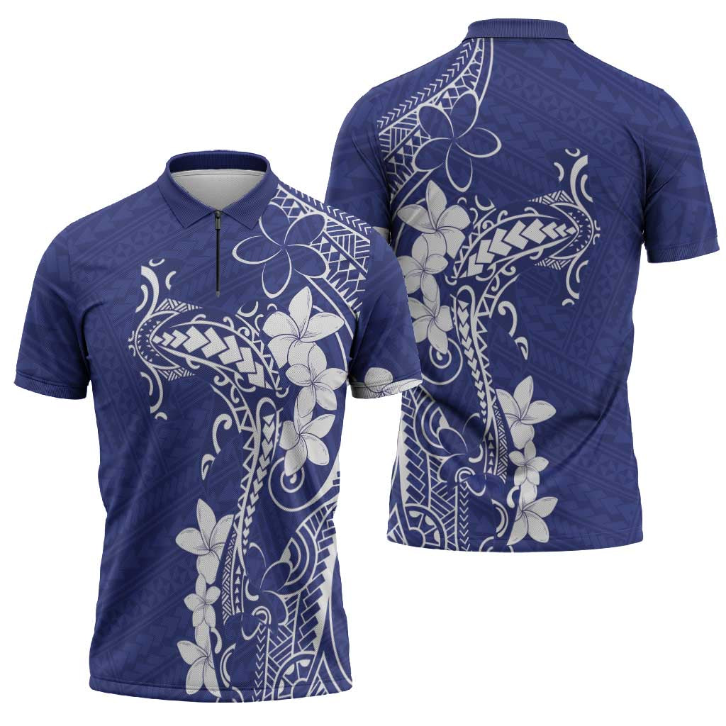 Blue Hawaii Zipper Polo Shirt Hammerhead Shark Tattoo Curve Polynesian - Polynesian Pride