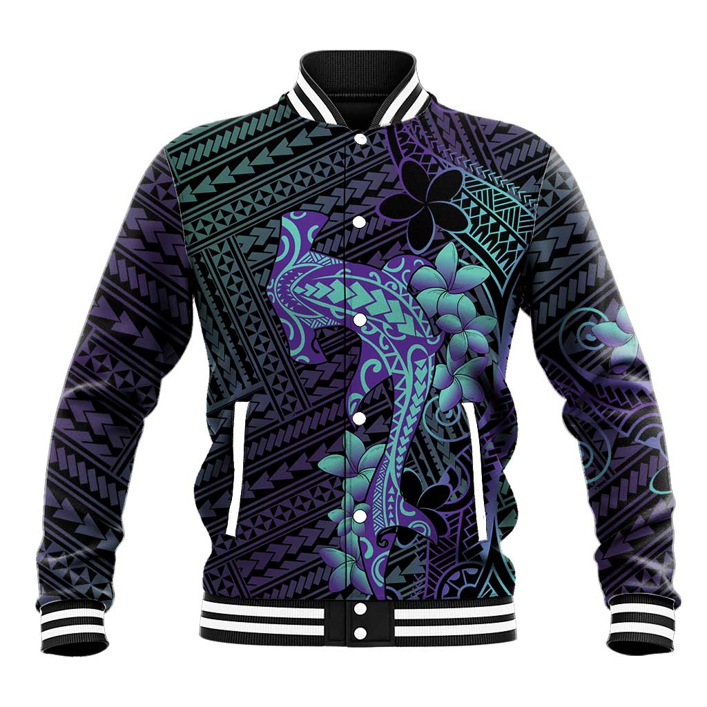 Purple Paradise Hawaii Baseball Jacket Hammerhead Shark Tattoo Curve Polynesian - Polynesian Pride